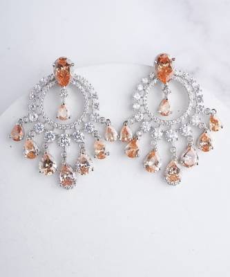 Silver plated light orange chandelier drop earrings 1