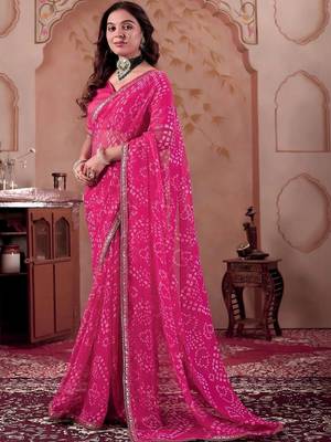 Pink chiffon printed saree with blouse 1