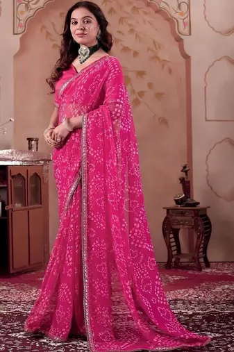Pink chiffon printed saree with blouse