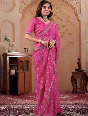 Pink chiffon printed saree with blouse 2