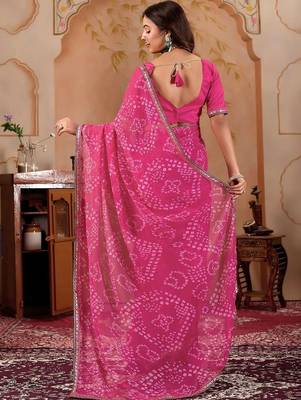 Pink chiffon printed saree with blouse 3
