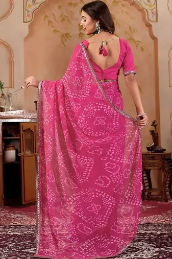 Pink chiffon printed saree with blouse