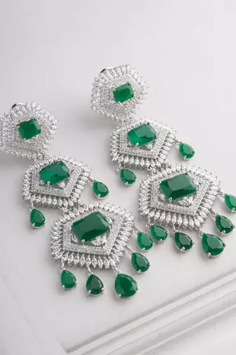 Silver plated emerald green dangler earrings