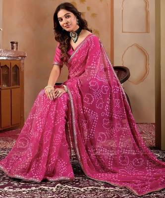Pink chiffon printed saree with blouse 5