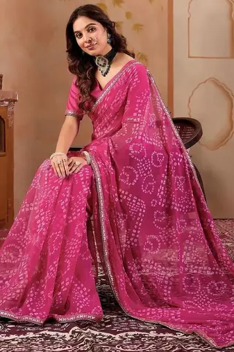 Pink chiffon printed saree with blouse