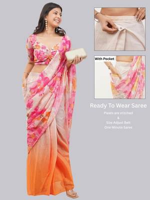 Pink linen printed saree with blouse 1