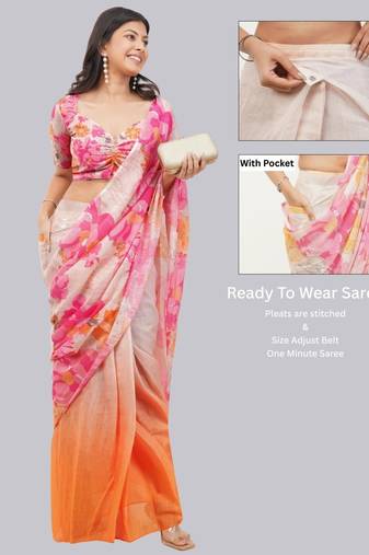 Pink linen printed saree with blouse