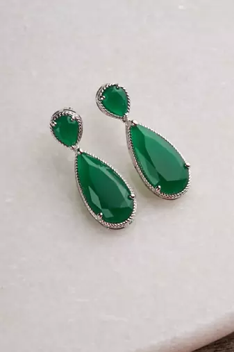 Silver plated emerald green pear drop earrings
