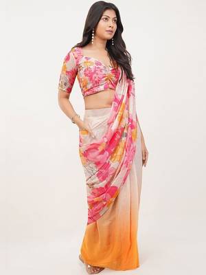 Pink linen printed saree with blouse 2