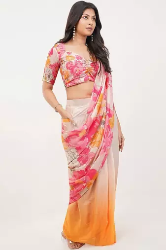 Pink linen printed saree with blouse