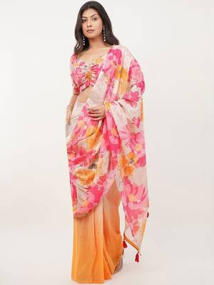 Pink linen printed saree with blouse 3