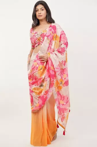 Pink linen printed saree with blouse