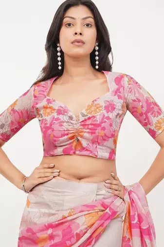 Pink linen printed saree with blouse