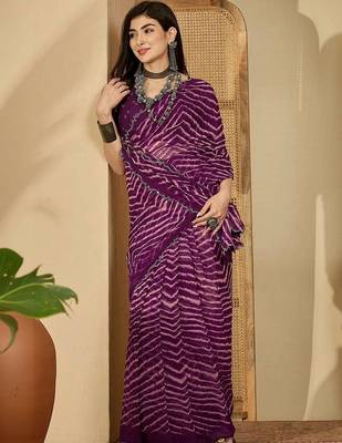 Purple pure georgette striped saree with blouse 1