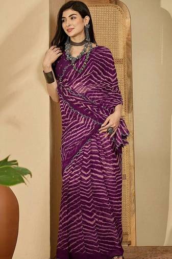 Purple pure georgette striped saree with blouse