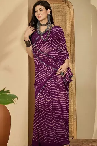 Purple pure georgette striped saree with blouse