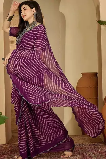 Purple pure georgette striped saree with blouse