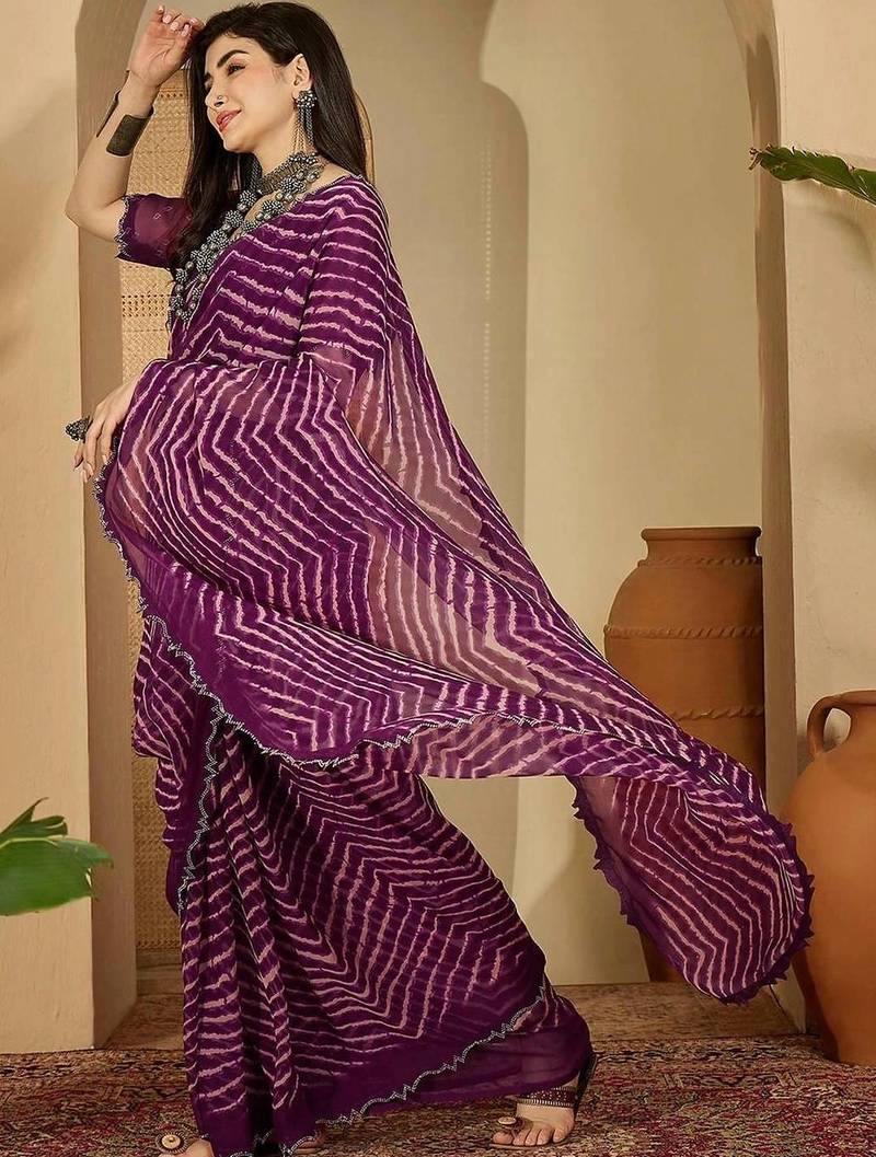 Purple pure georgette striped saree with blouse