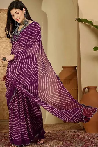 Purple pure georgette striped saree with blouse