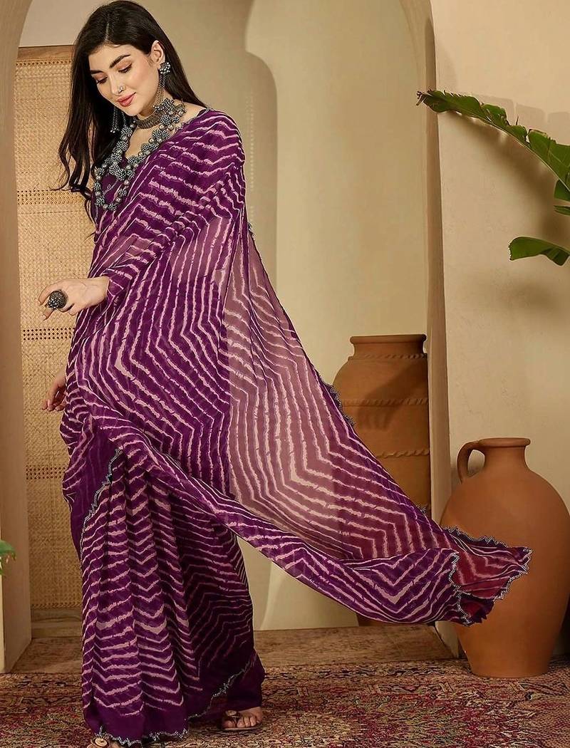 Purple pure georgette striped saree with blouse