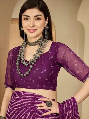 Purple pure georgette striped saree with blouse 4