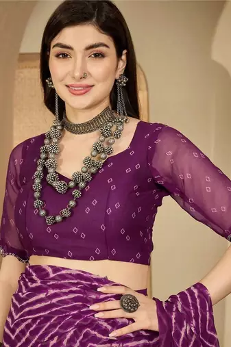 Purple pure georgette striped saree with blouse