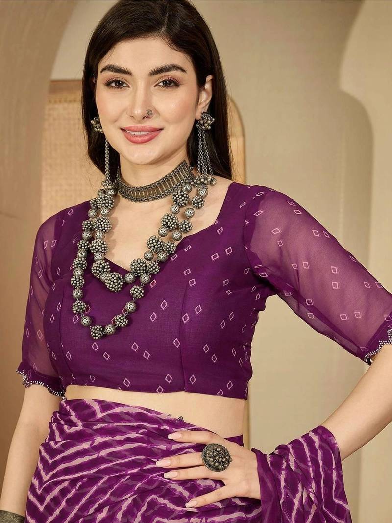 Purple pure georgette striped saree with blouse