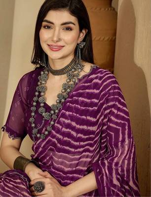 Purple pure georgette striped saree with blouse 5