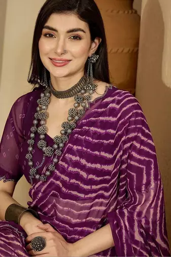 Purple pure georgette striped saree with blouse