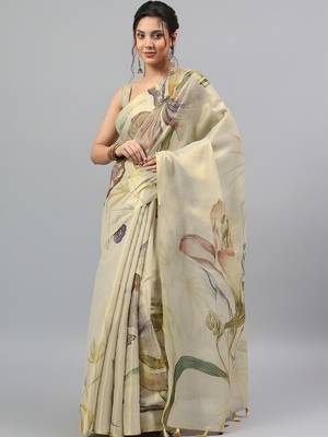 Cream tissue printed saree with blouse 1