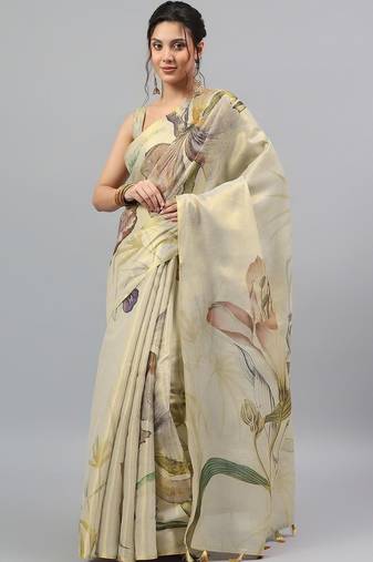 Cream tissue printed saree with blouse