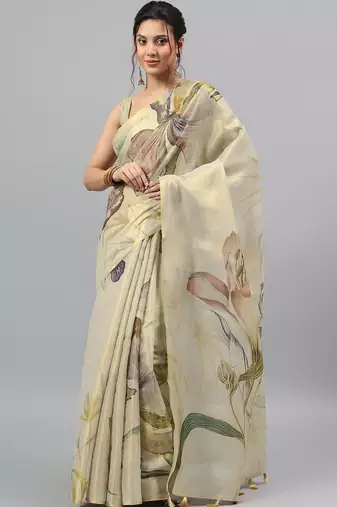 Cream tissue printed saree with blouse