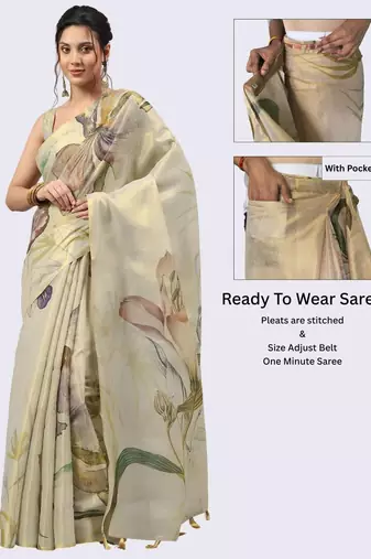 Cream tissue printed saree with blouse