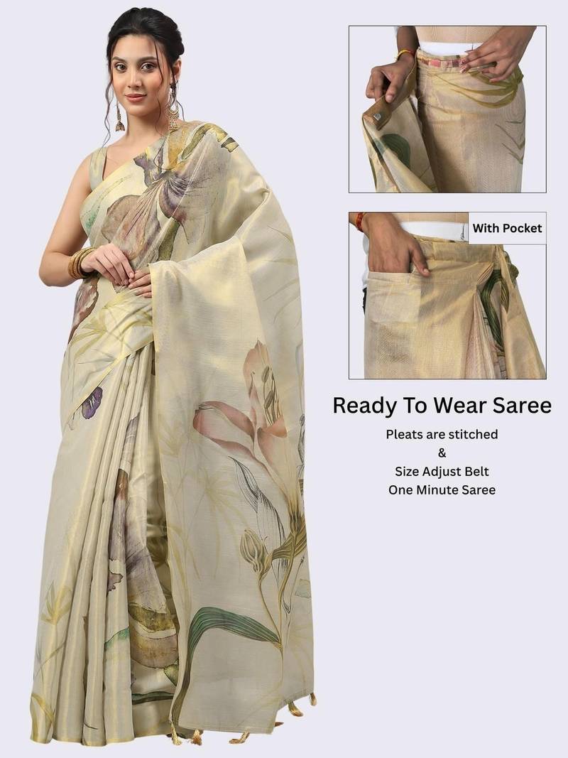 Cream tissue printed saree with blouse