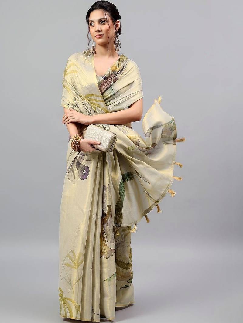 Cream tissue printed saree with blouse