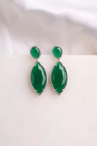 Silver plated emerald green pear drop earrings