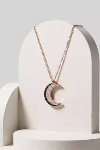 925 Sterling Silver  Rose Gold Crescent Moon Pendant Necklace Set  for Women