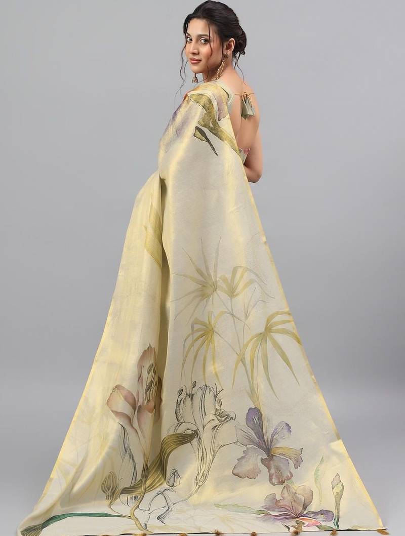 Cream tissue printed saree with blouse