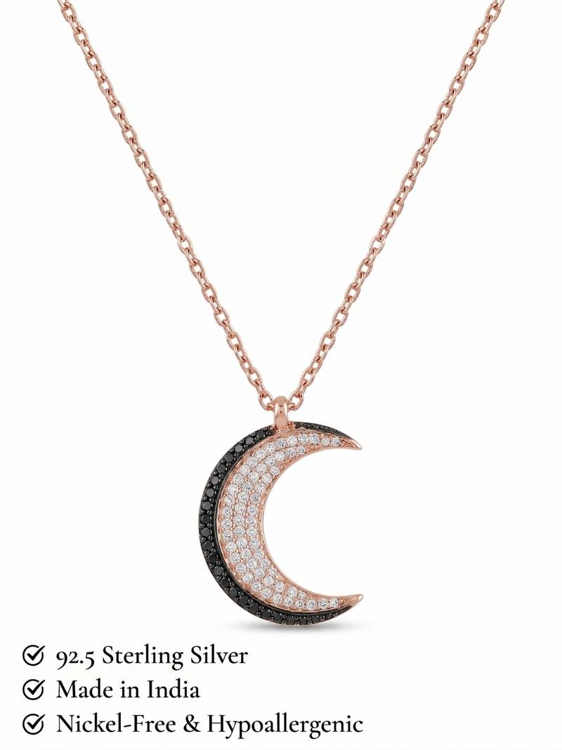 925 Sterling Silver  Rose Gold Crescent Moon Pendant Necklace Set  for Women