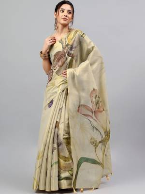 Cream tissue printed saree with blouse 5