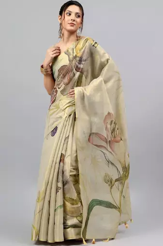 Cream tissue printed saree with blouse
