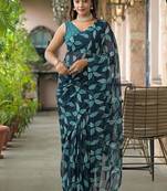 Navy blue chiffon printed saree with blouse