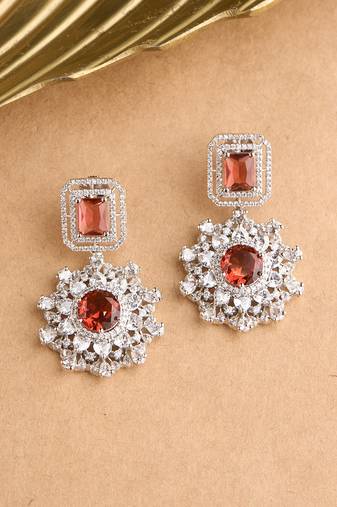 Silver plated ruby red statement drop earrings