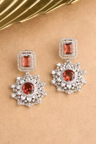 Silver plated ruby red statement drop earrings