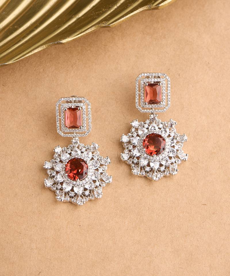 Silver plated ruby red statement drop earrings