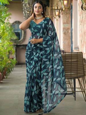 Navy blue chiffon printed saree with blouse 2