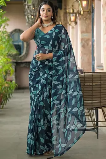 Navy blue chiffon printed saree with blouse