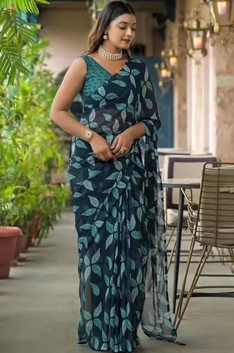 Navy blue chiffon printed saree with blouse