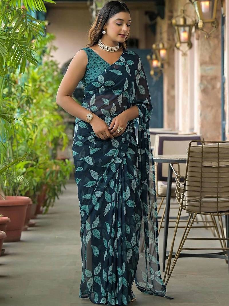 Navy blue chiffon printed saree with blouse