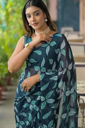 Navy blue chiffon printed saree with blouse